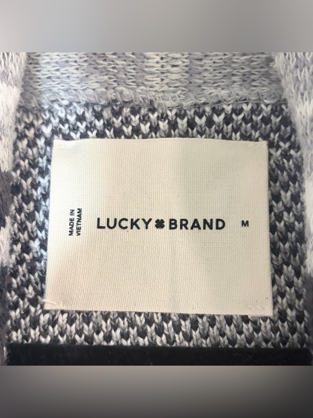 Lucky Brand 100% Cotton Shawl Collar Cardigan Grey Black Geometric Sweater M - Picture 7 of 10
